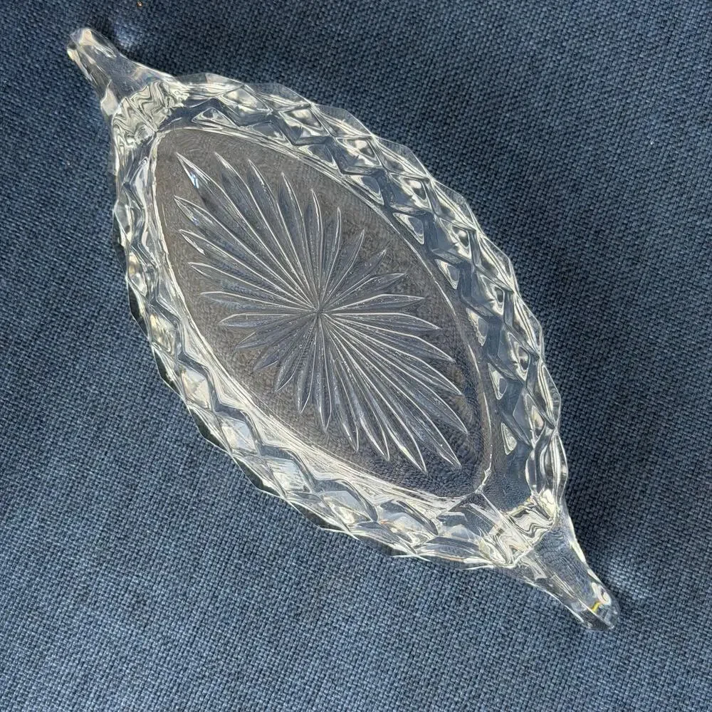 Fostoria American Small Boat Relish Dish Clear Cubist Pressed Glass w/ Handles